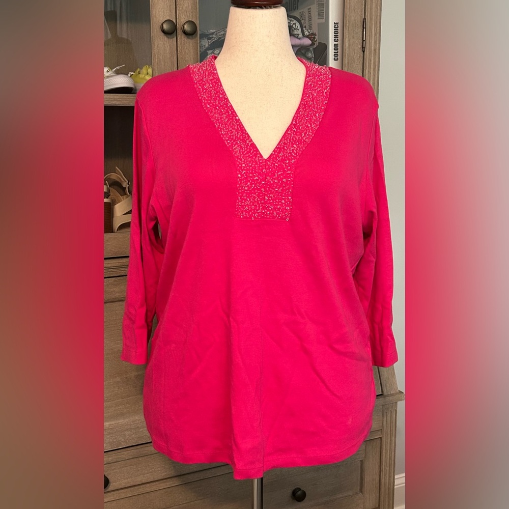 Rafaella crystal embellished pink v-neck long sleeve top - 1X